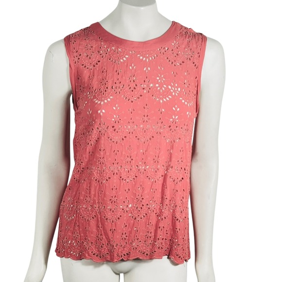 Democracy Tops - Democracy Sleeveless Eyelet Top Coral Scalloped Hem Casual Summer Picnic Size‎ M